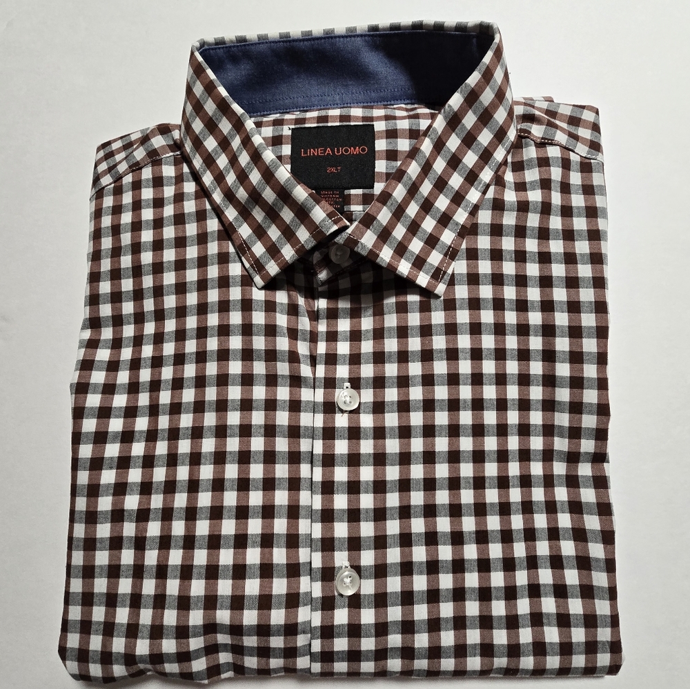 Men's Linea Uomo Gingham Stretch Button Down Shirt Brown Gray Long Sleeve 2XLT - Picture 2 of 10